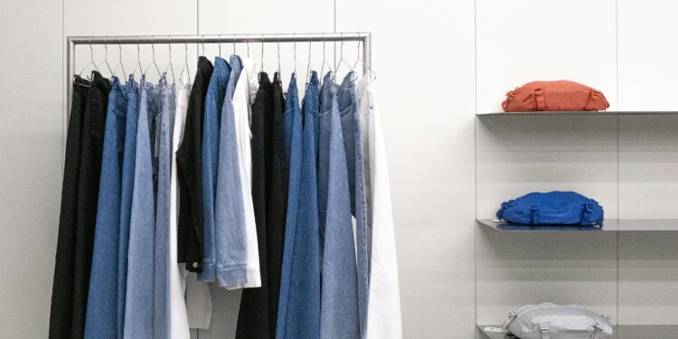 clean capsule wardrobe, clothes stacked, hanged clothes, denim pants, chambray shirts, bags