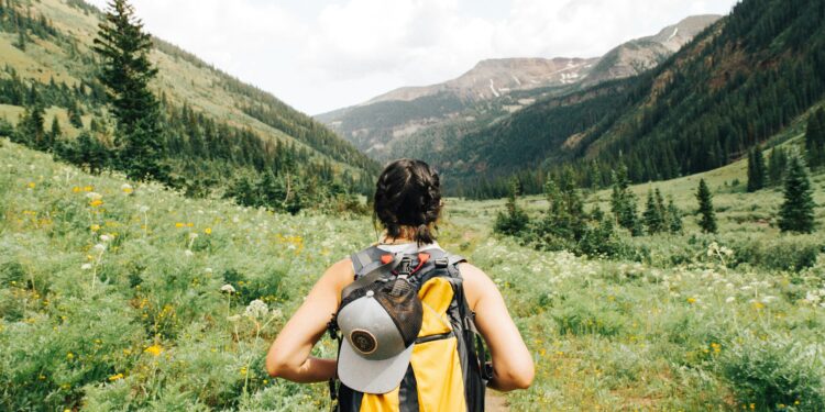 solo travel, backpacker, traveller backpacking between mountains, valley