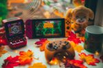 cozy games set up nintendo switch maple leaves, animal crossing stuffed toy