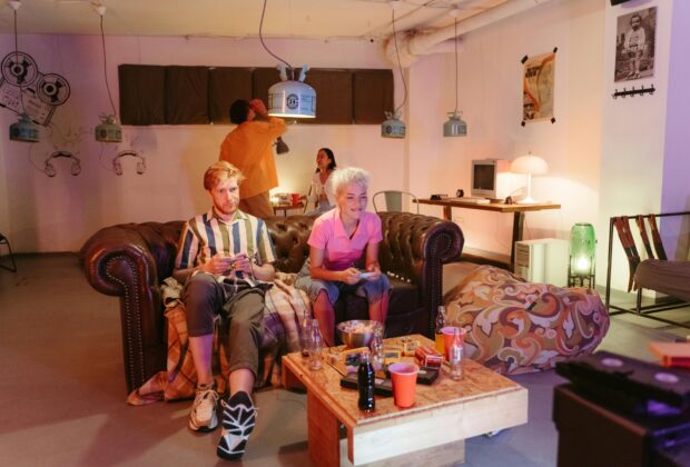 parallel play, being alone together. friends at a party playing different games in one room