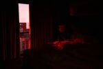 lo-fi music chill, bedroom with a sunset view