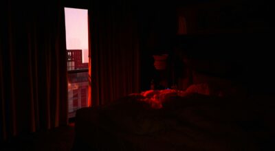 lo-fi music chill, bedroom with a sunset view