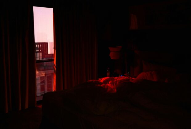 lo-fi music chill, bedroom with a sunset view