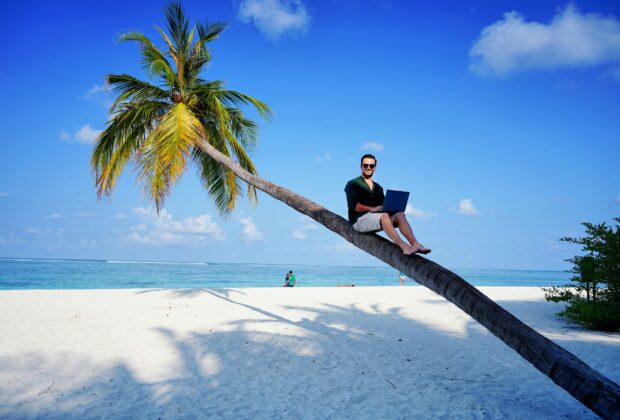 a man sitting on a palm tree using a laptop for workation