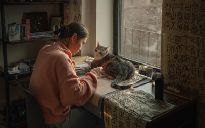 woman doing calligraphy with a cat in front of a window