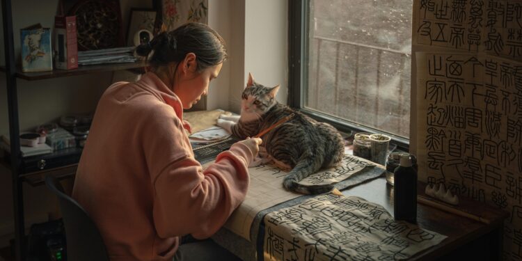 woman doing calligraphy with a cat in front of a window