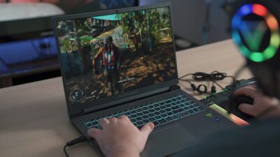 gaming laptop being used for a shooting survival game