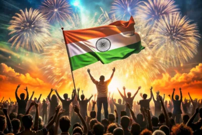 silhouette of people celebrating India's republic day with fireworks and the flag