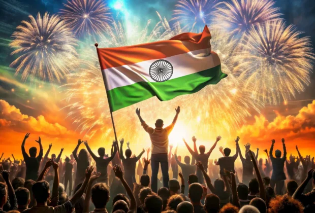 silhouette of people celebrating India's republic day with fireworks and the flag