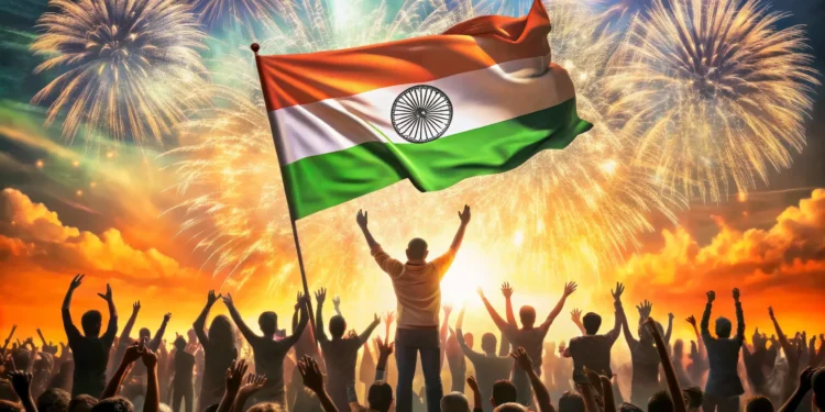 silhouette of people celebrating India's republic day with fireworks and the flag