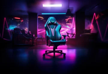 gaming chair in the center of a neon-lit room