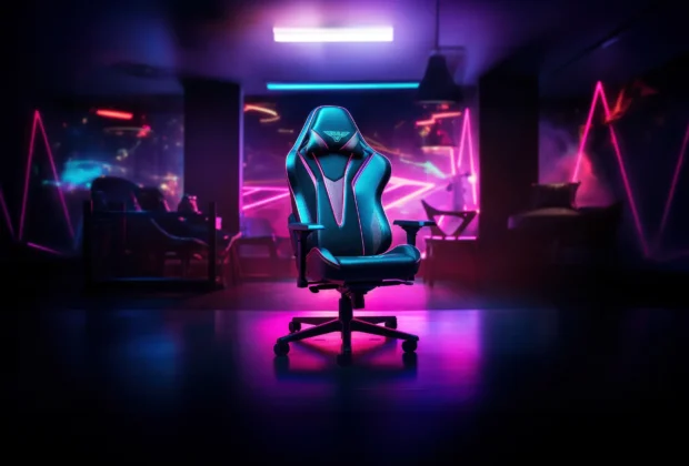 gaming chair in the center of a neon-lit room