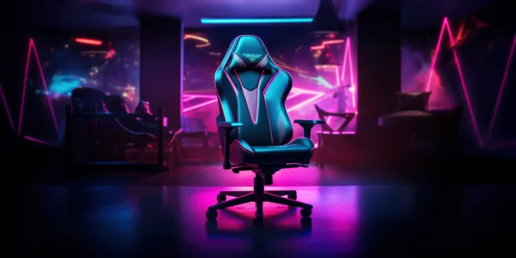 gaming chair in the center of a neon-lit room