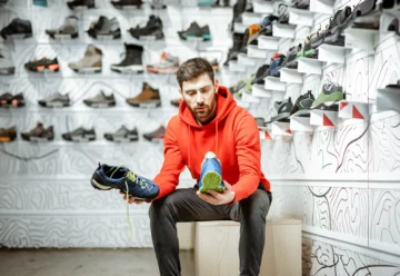 man sitting and shopping for sports shoes for men