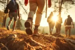 people walking on a trail wearing hiking shoes