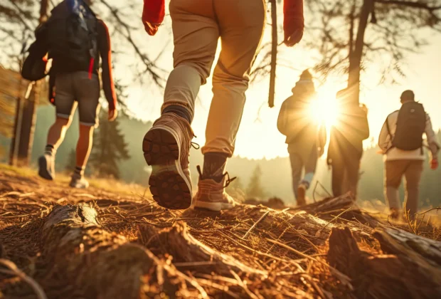 people walking on a trail wearing hiking shoes