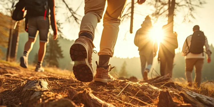 people walking on a trail wearing hiking shoes