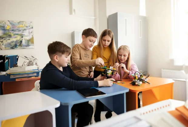 flipped classroom imagery with students in front of learning tools